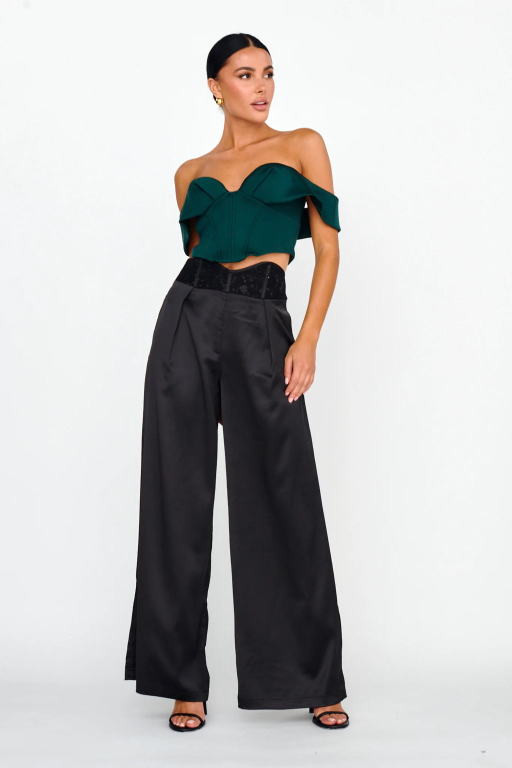 Lucky Stars Curved Waist Lace Trim Pants Black
