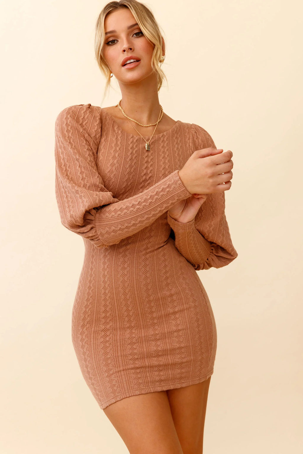 Moneymaker Lantern Sleeve Mini Dress Mocha