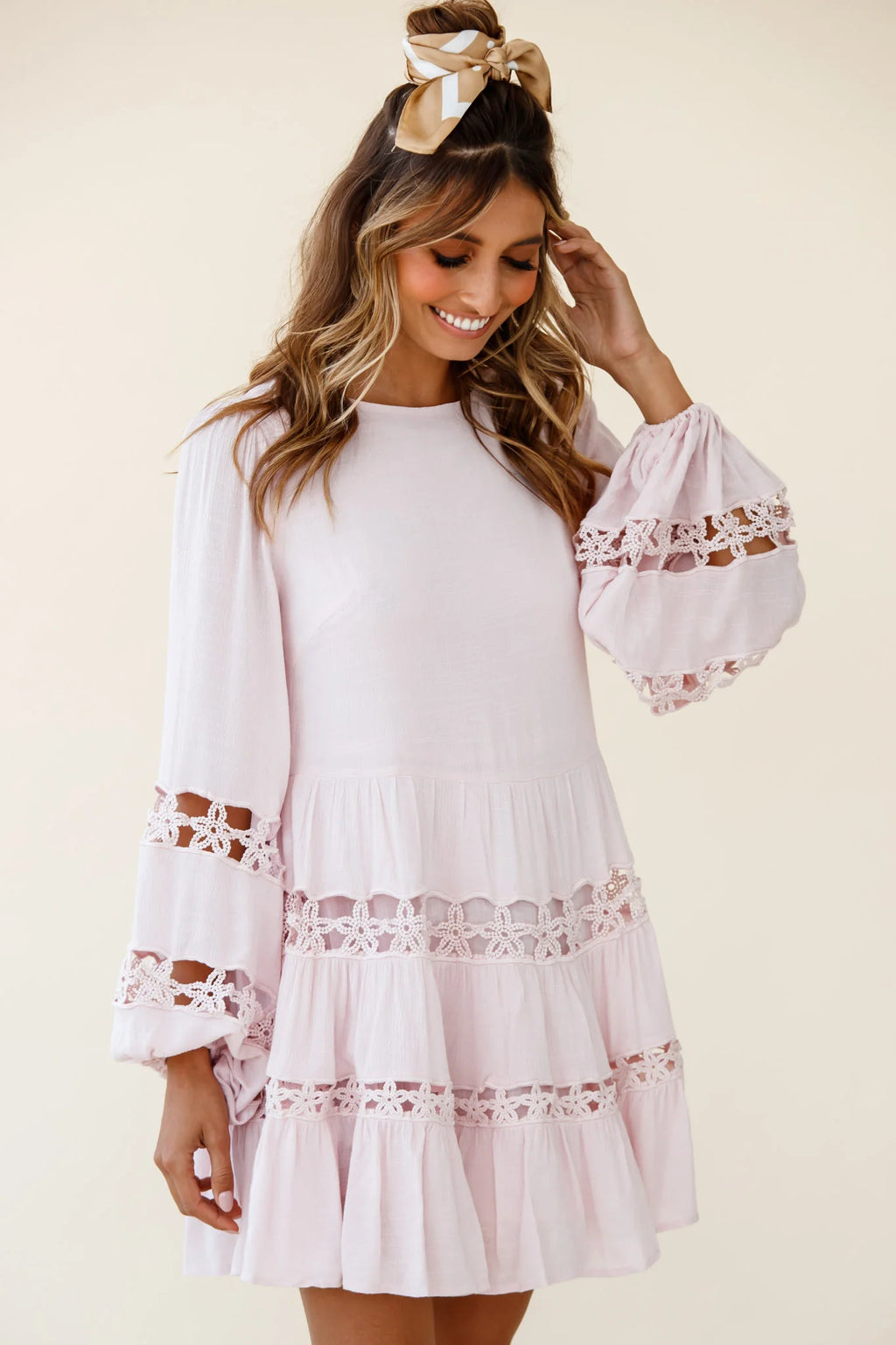 Miles Away Long Balloon Sleeve Trim Insert Dress Pink