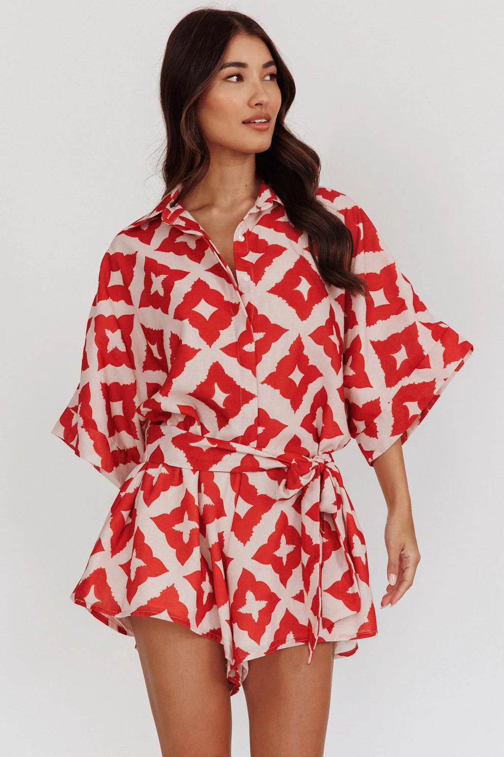 Daytona Beach Button-Up Romper Print Burgundy
