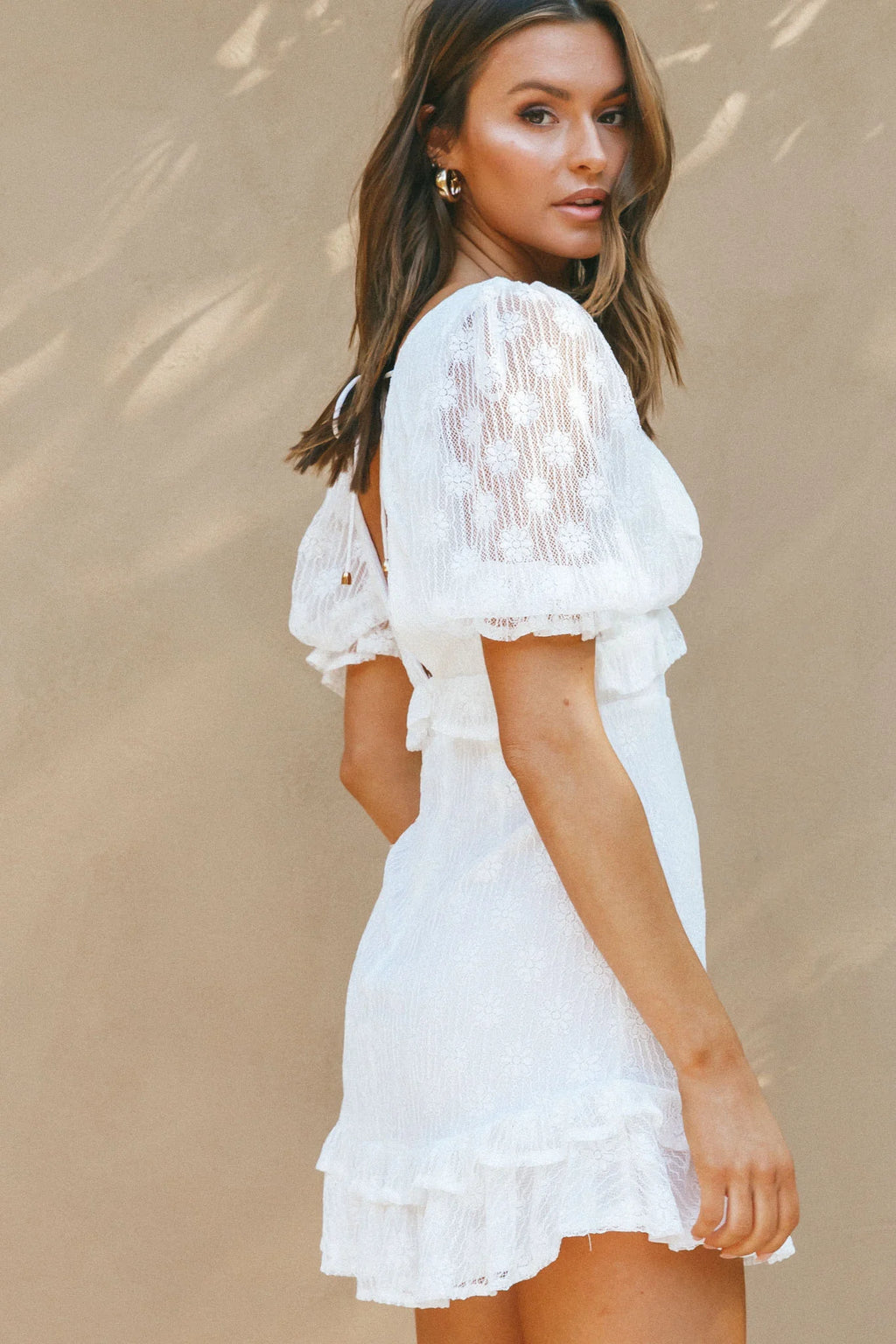Katherine Puff Sleeve Floral Lace Frill Dress White