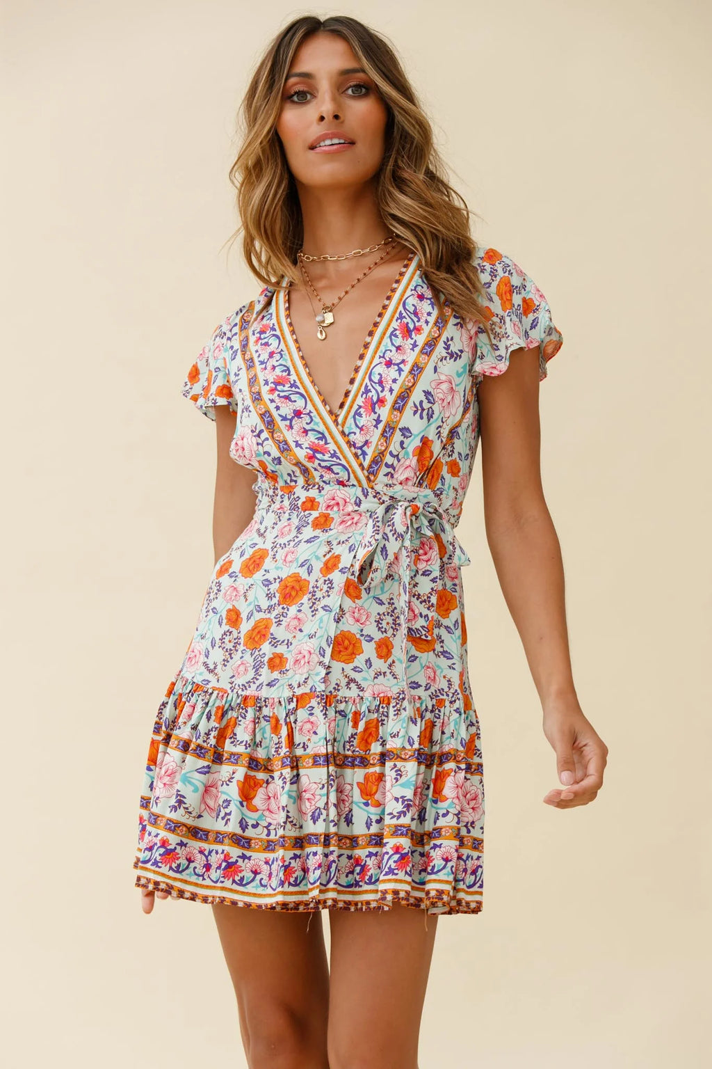 Mayan Angel Sleeve Waist Tie Wrap Dress Floral Print Mint/Pink