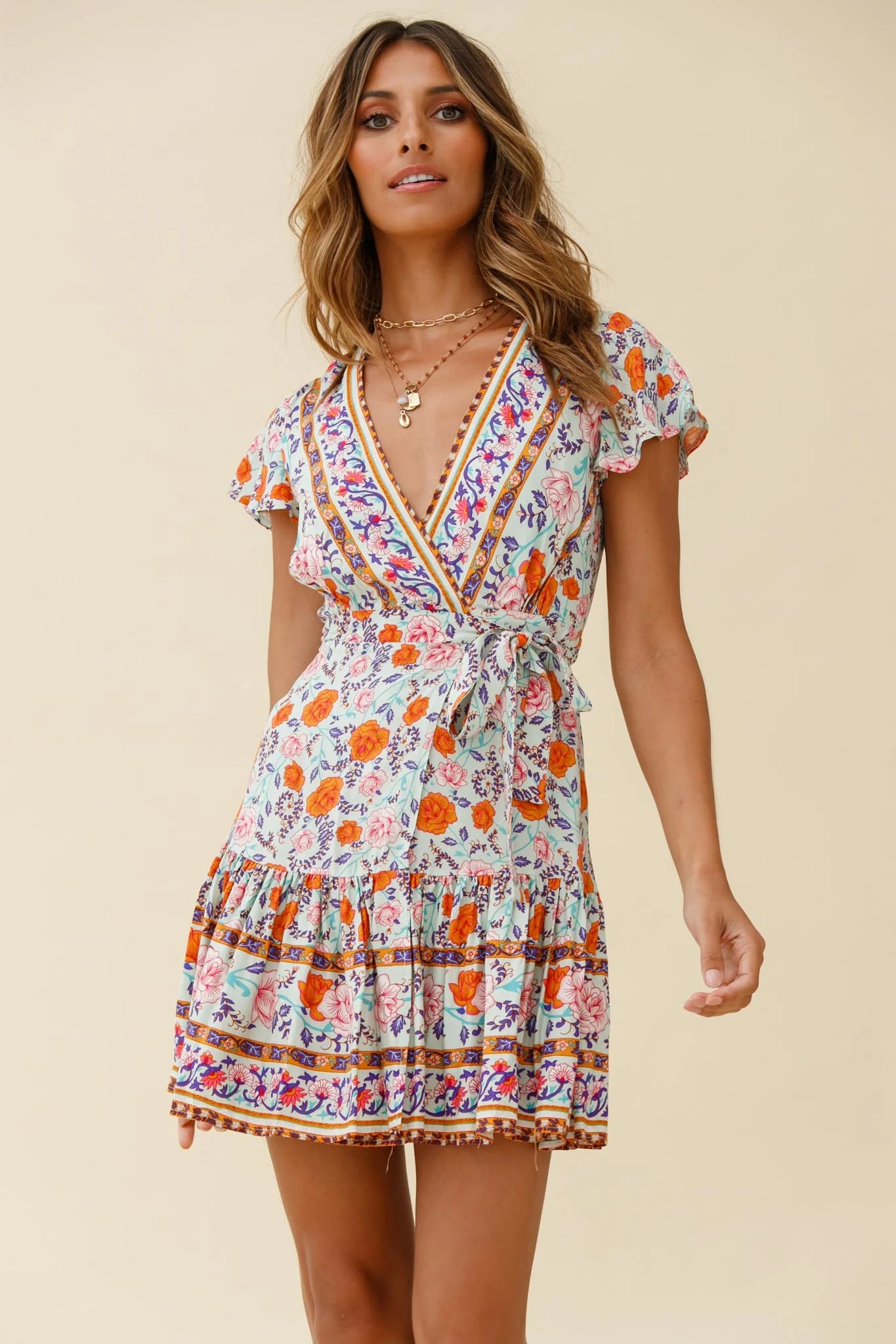 Mayan Angel Sleeve Waist Tie Wrap Dress Floral Print Mint/Pink