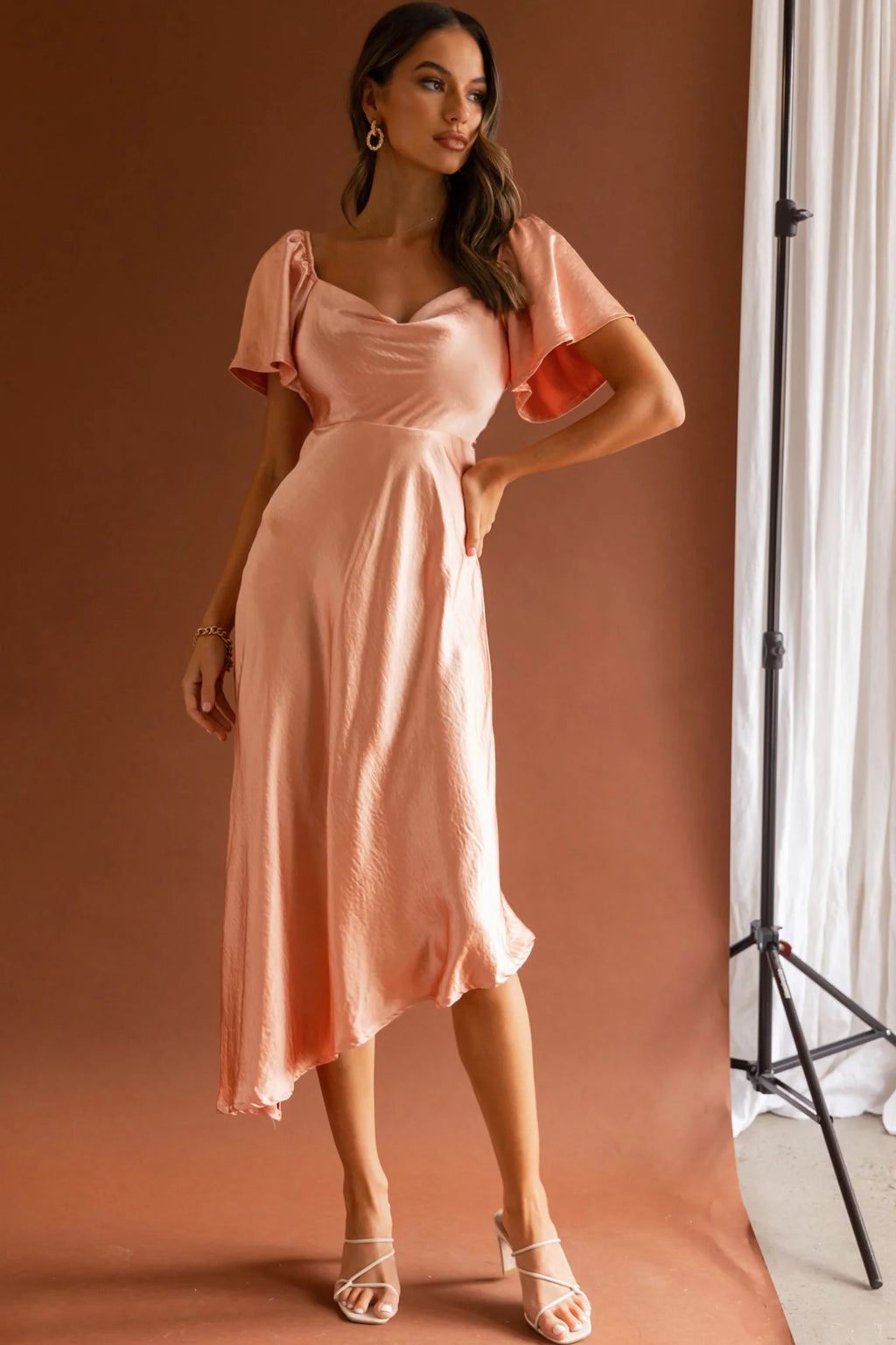 Grayson Tied Back Asymmetrical Midi Dress Peach