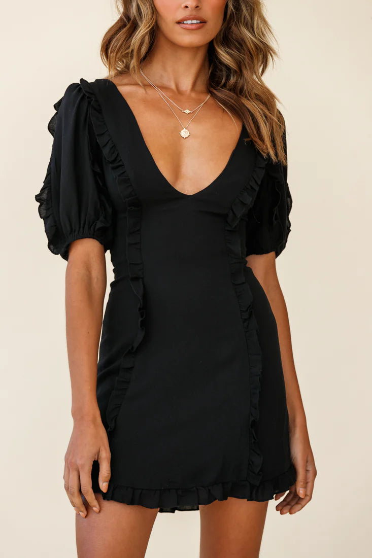 Maisy Puff Sleeve Frill Trim Dress Black