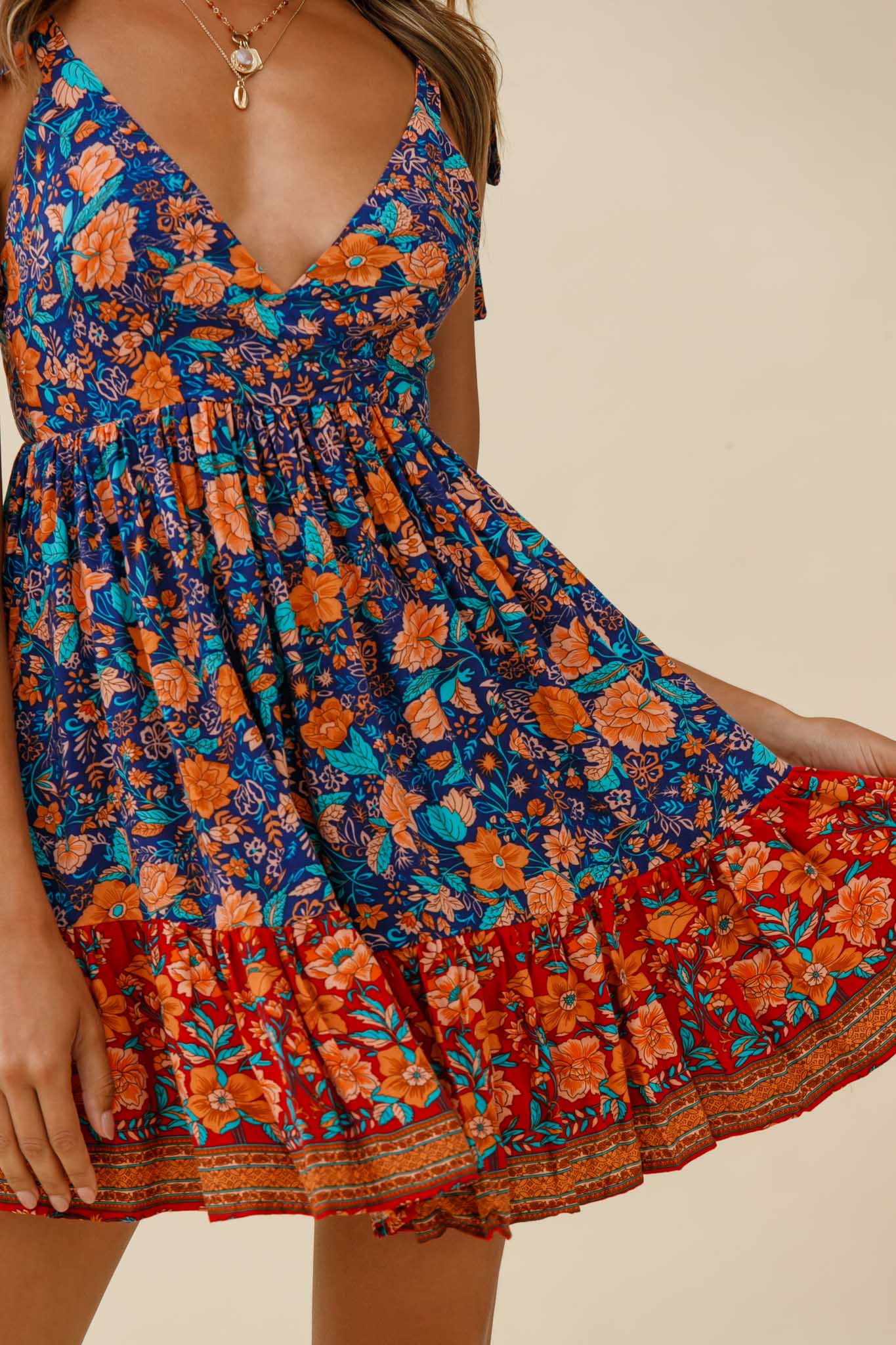 Go Get It Tied Shoulder Sun Dress Floral Print Navy