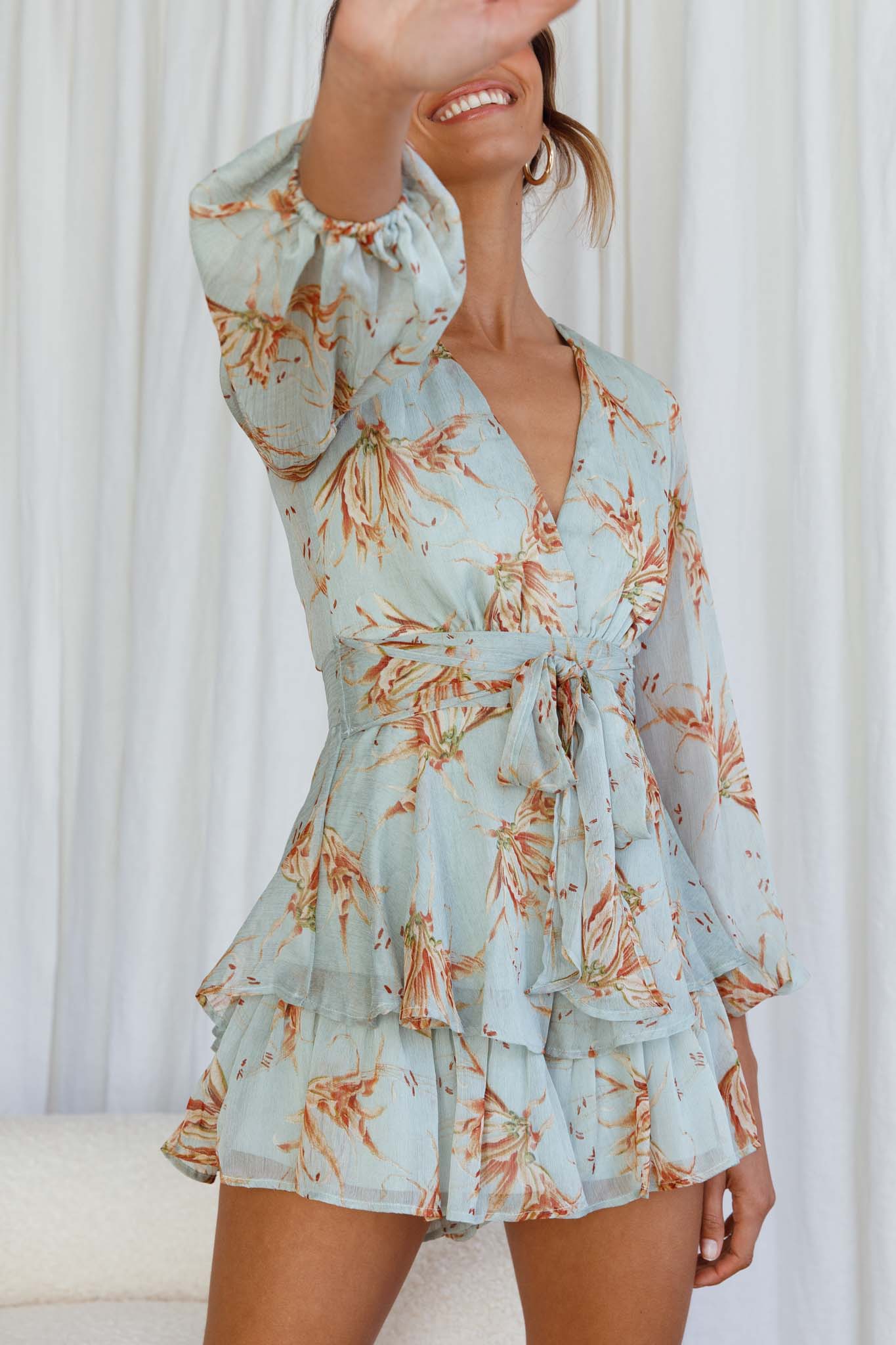 Maddox Fit & Flare Long Sleeve Romper Lily Print Pistachio
