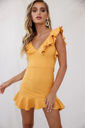 Pearl Ruffle Strap Mini Dress Mustard