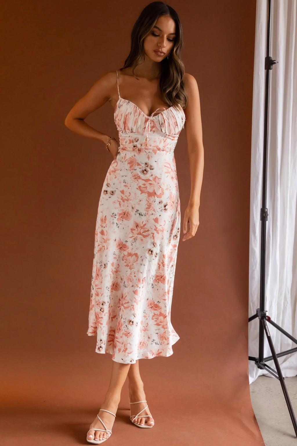 Malibu Gathered Bust Cami Strap Midi Dress Floral Pink