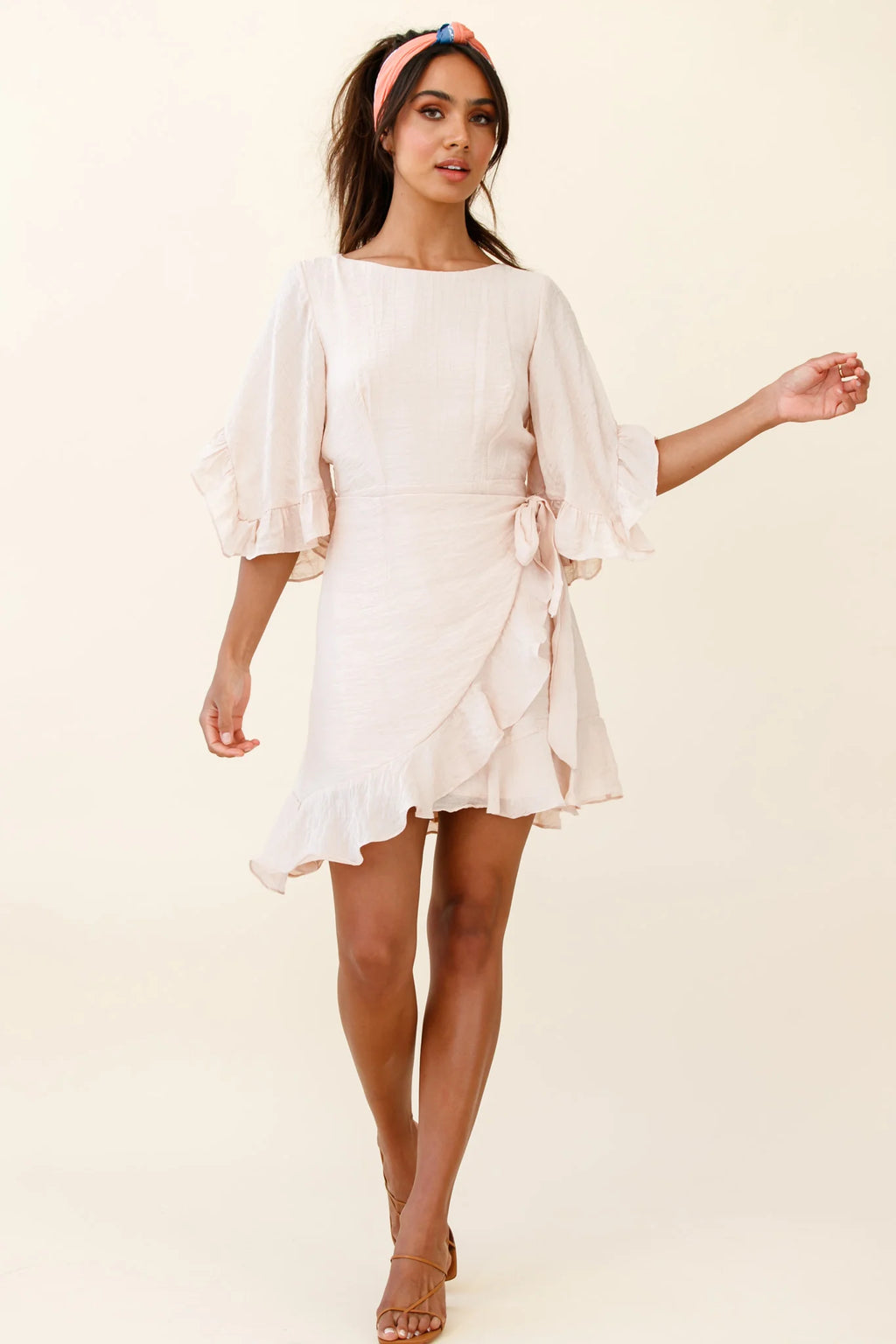 Make It Happen Flared Sleeve Ruffle Trim Dress Beige