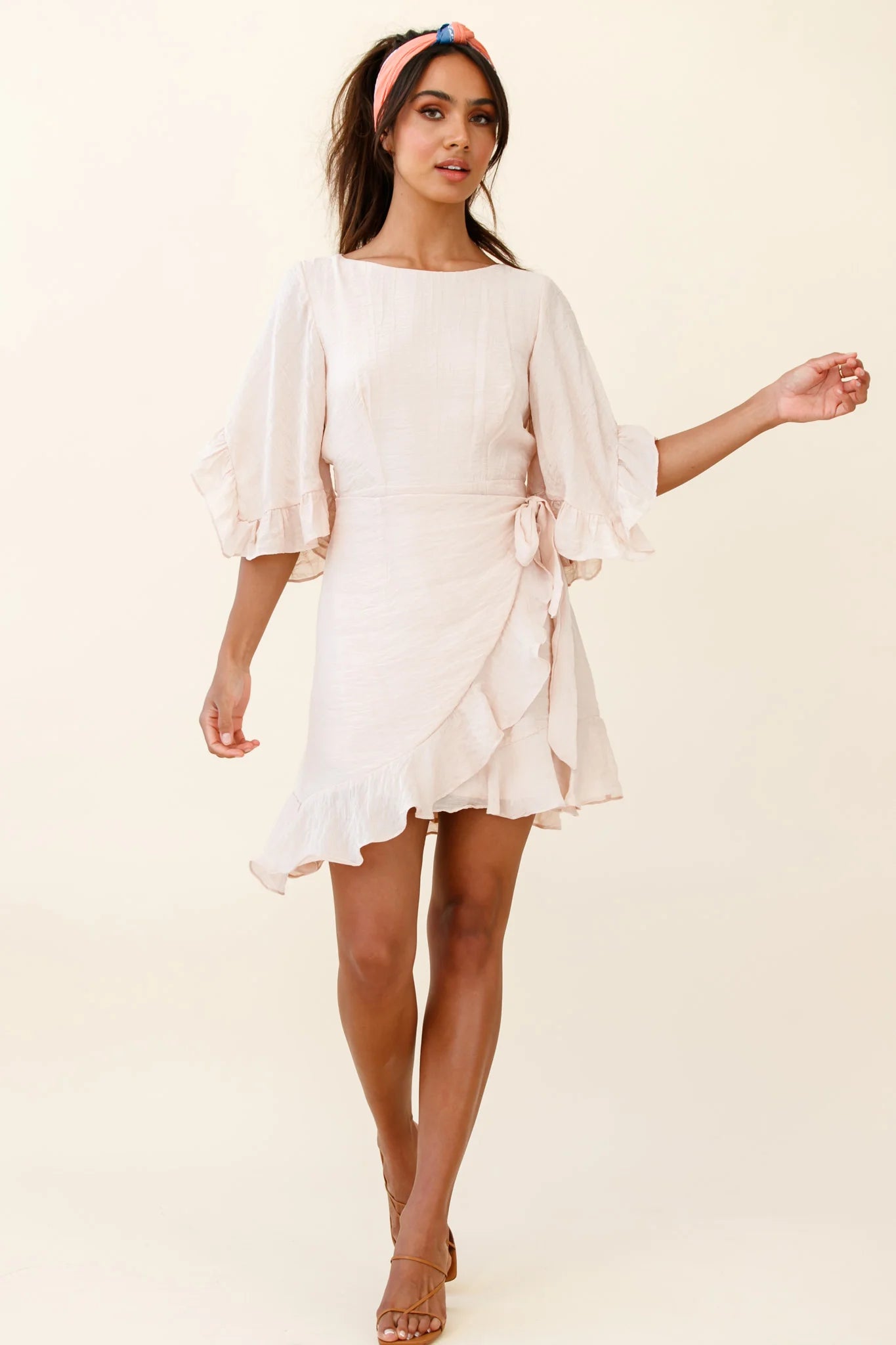 Make It Happen Flared Sleeve Ruffle Trim Dress Beige