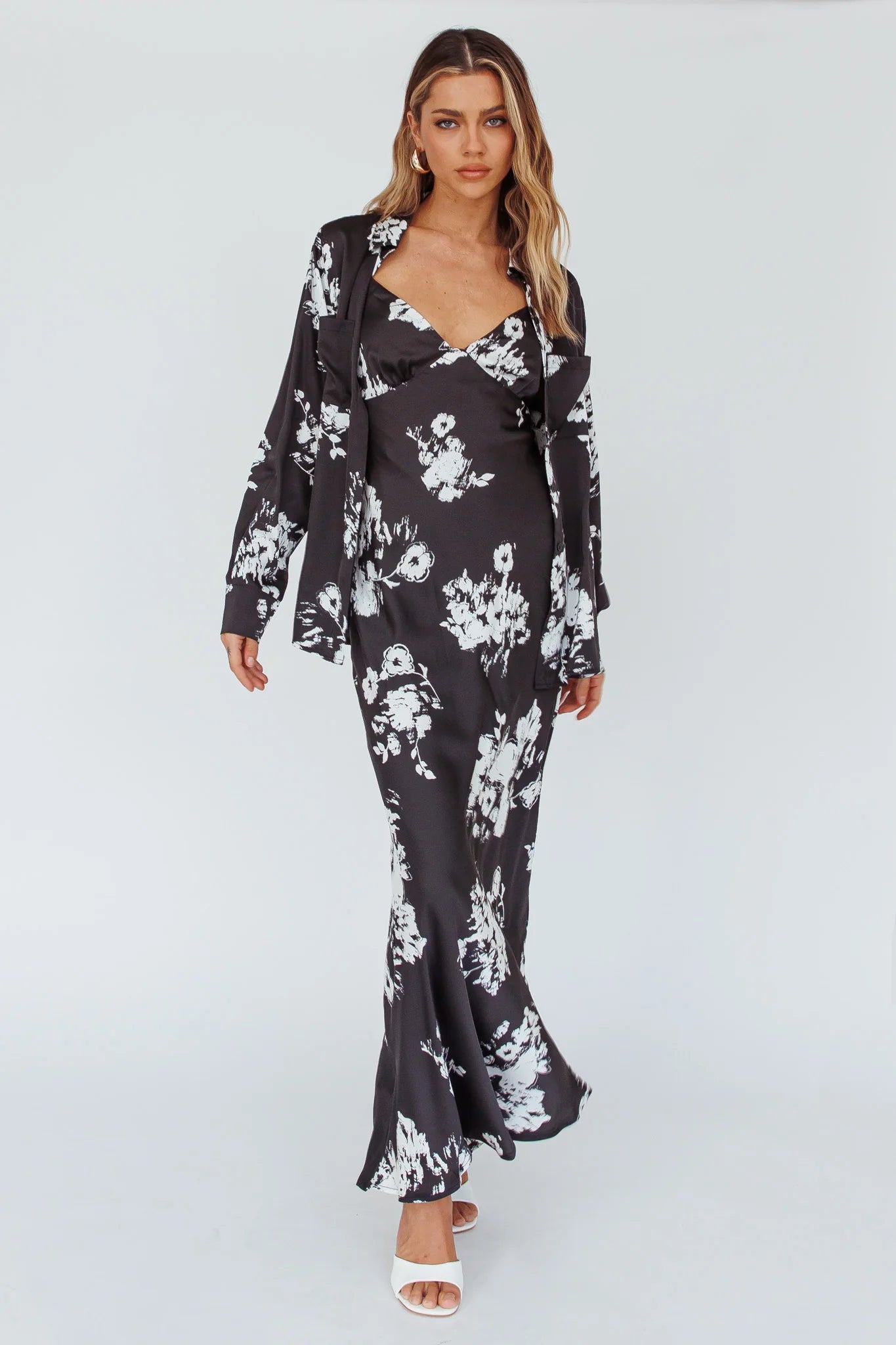 Dillon Long Sleeve Satin Shirt Floral Black