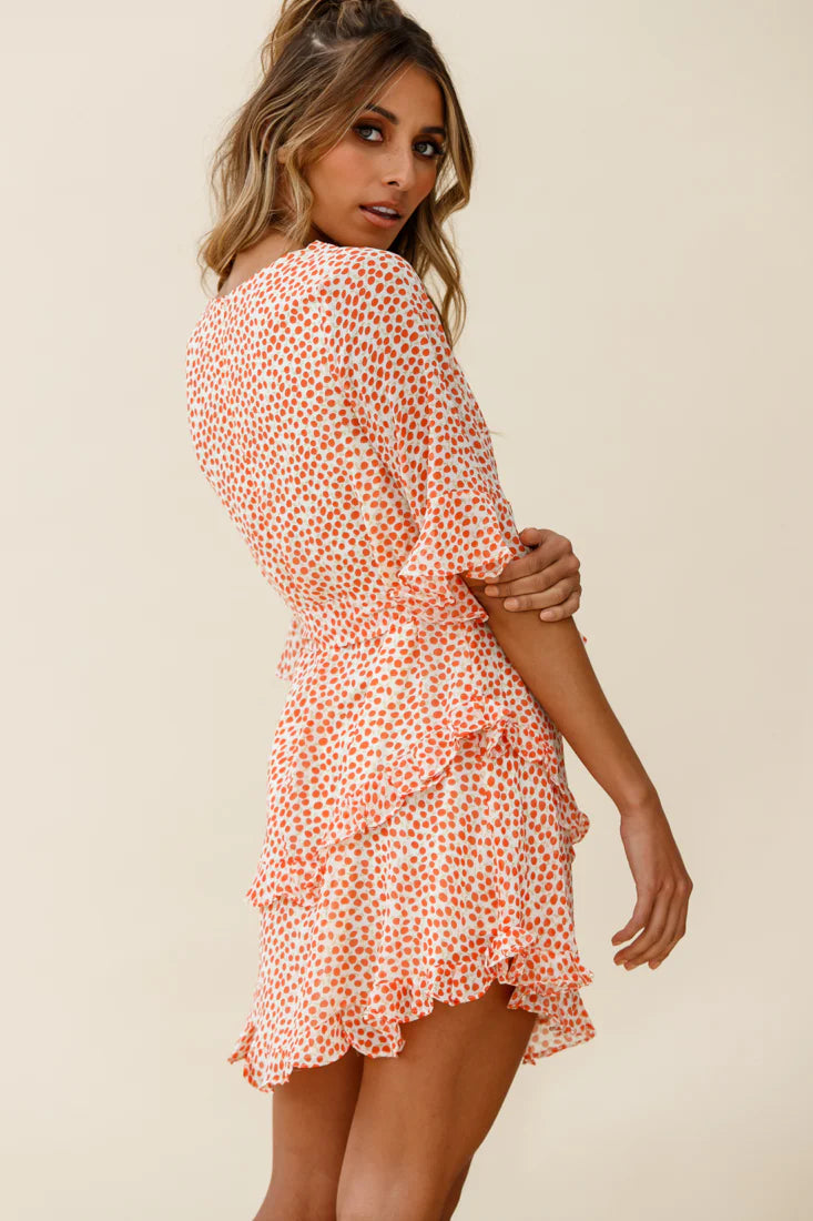 Wife Me Crew Neck Ruffle Insert Dress Polka Dot Orange