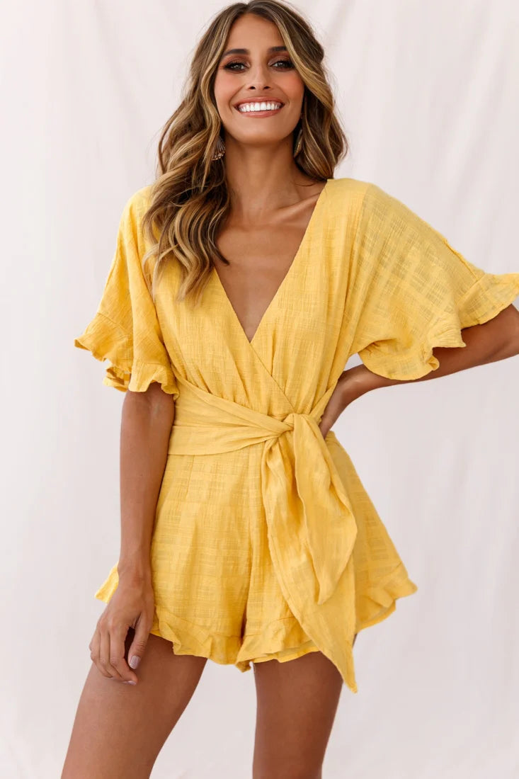 Karin Frill Trim Waist Tie Romper Mustard