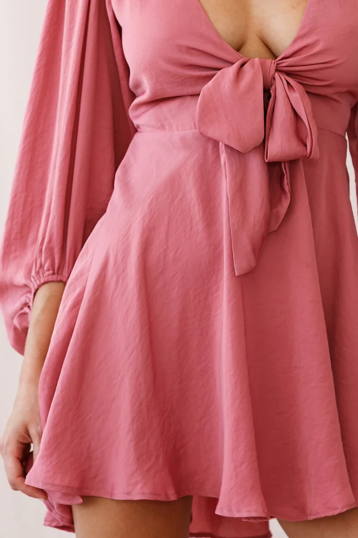 Madison Bow Tie Bust Balloon Sleeve Dress Rose
