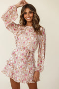 Dusk Long Sleeve Waist Tie Frill Dress Floral Print Beige