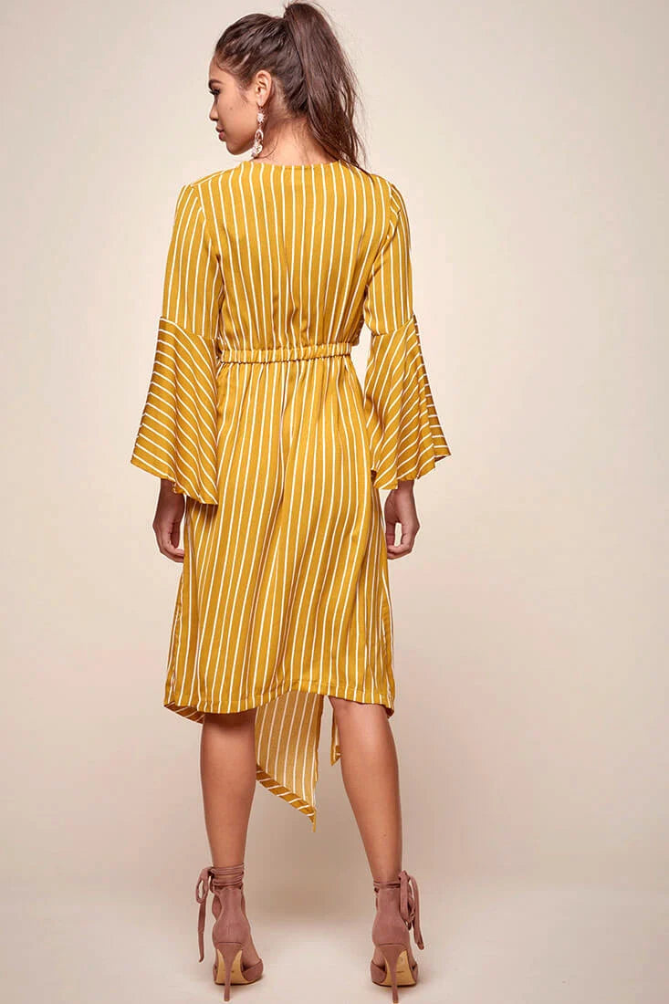 Jaedyn Waist Tie Bell Sleeve Dress Mustard