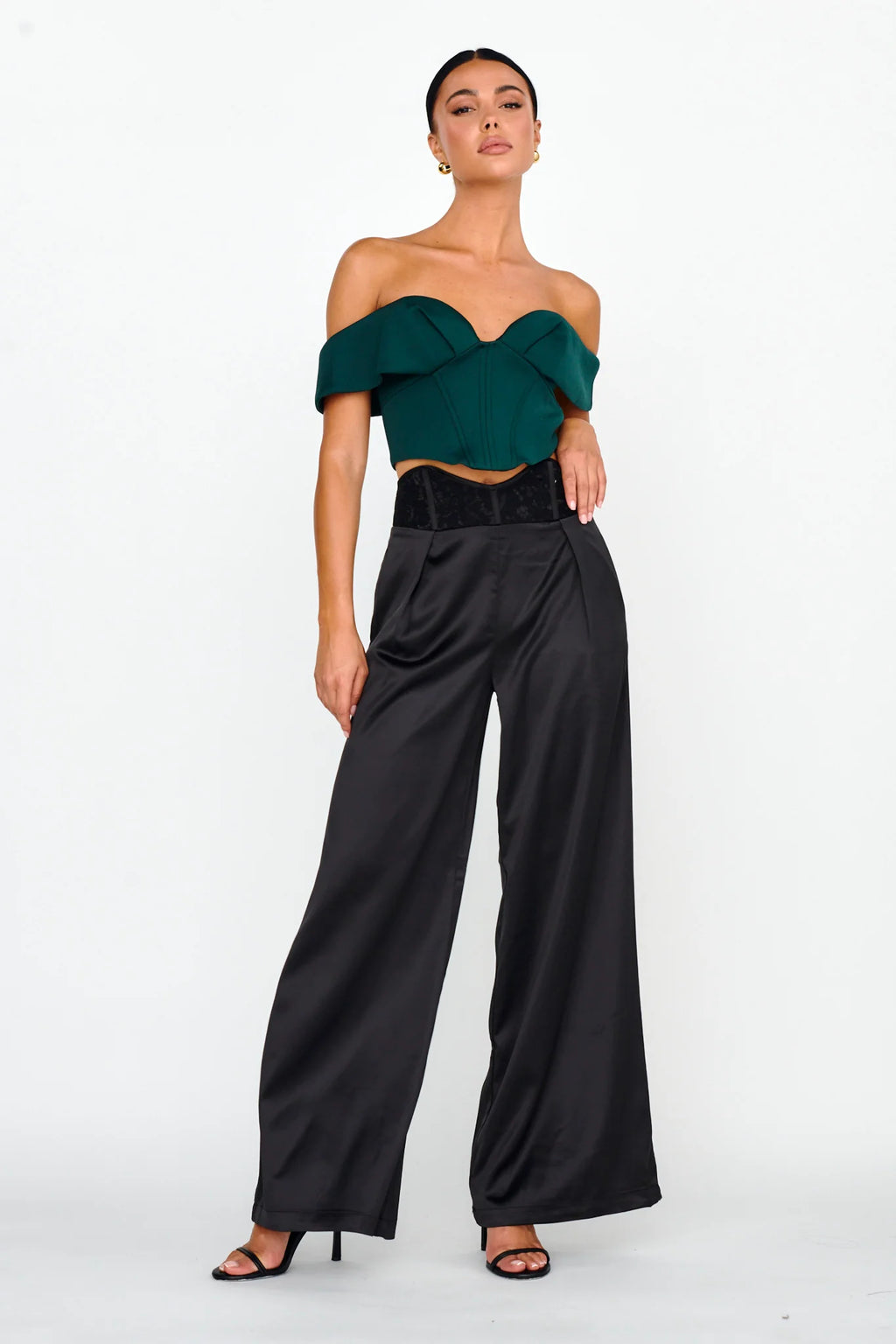 Lucky Stars Curved Waist Lace Trim Pants Black