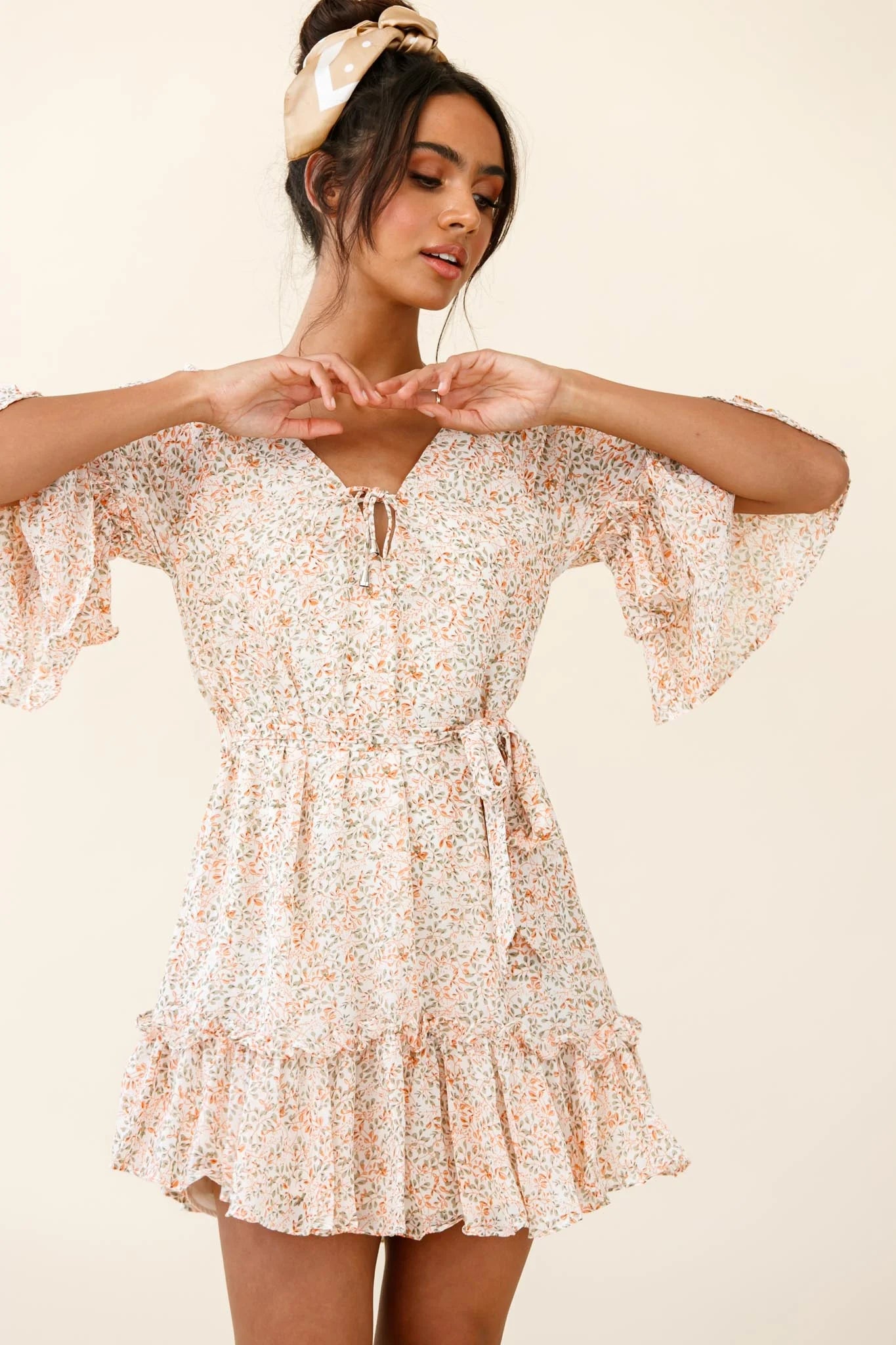 Forever Sunshine Flared Sleeve Waist Tie Dress Floral Print Nude