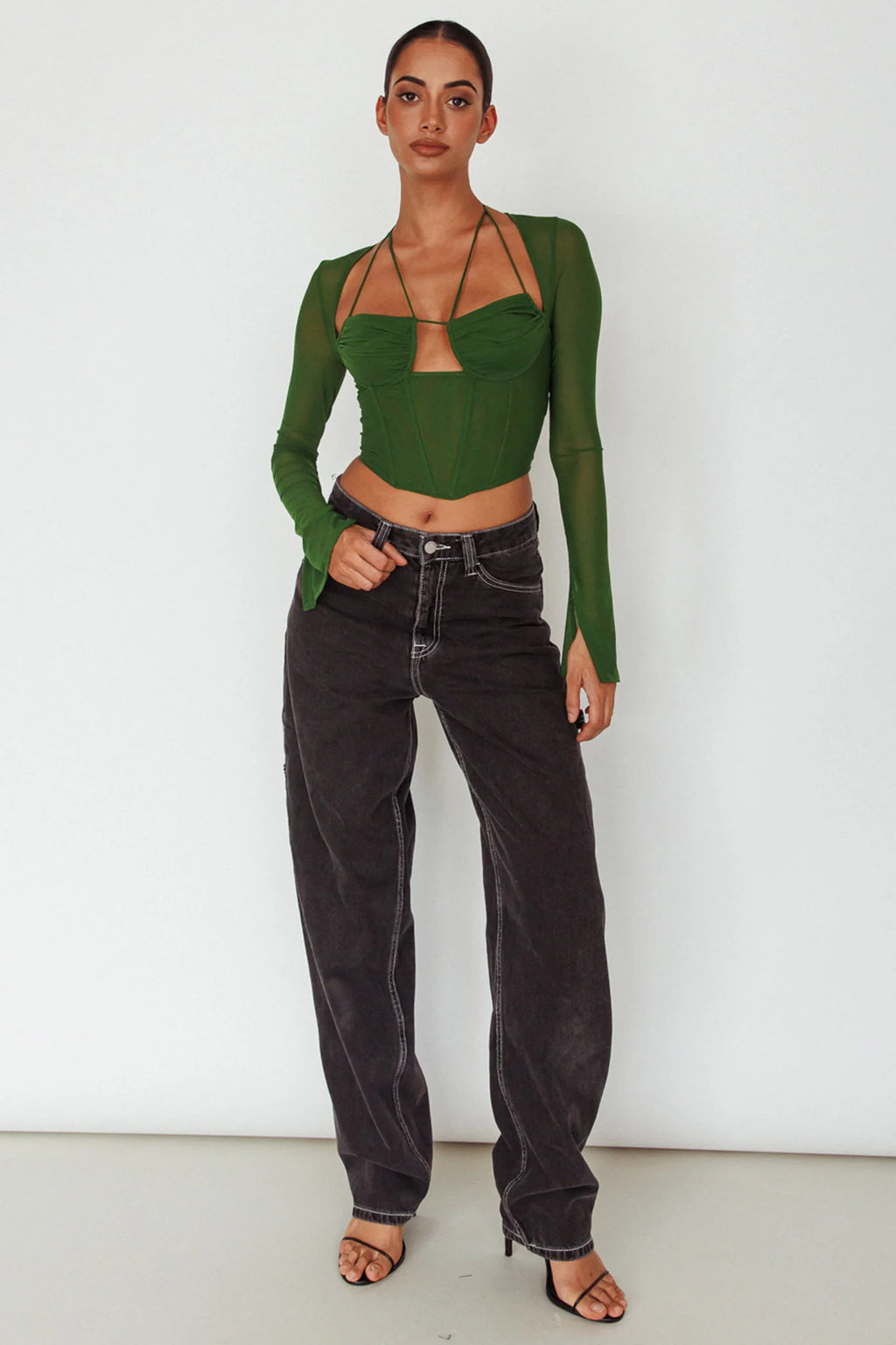 Sera Long Sleeve String Tie Top Forest