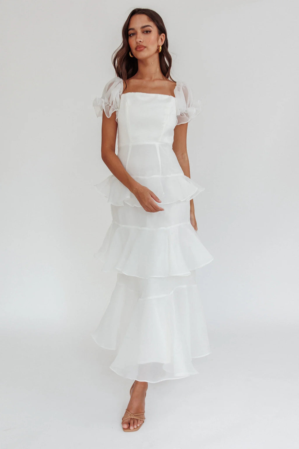 Delwynn Puff Sleeve Layered Midi Dress White