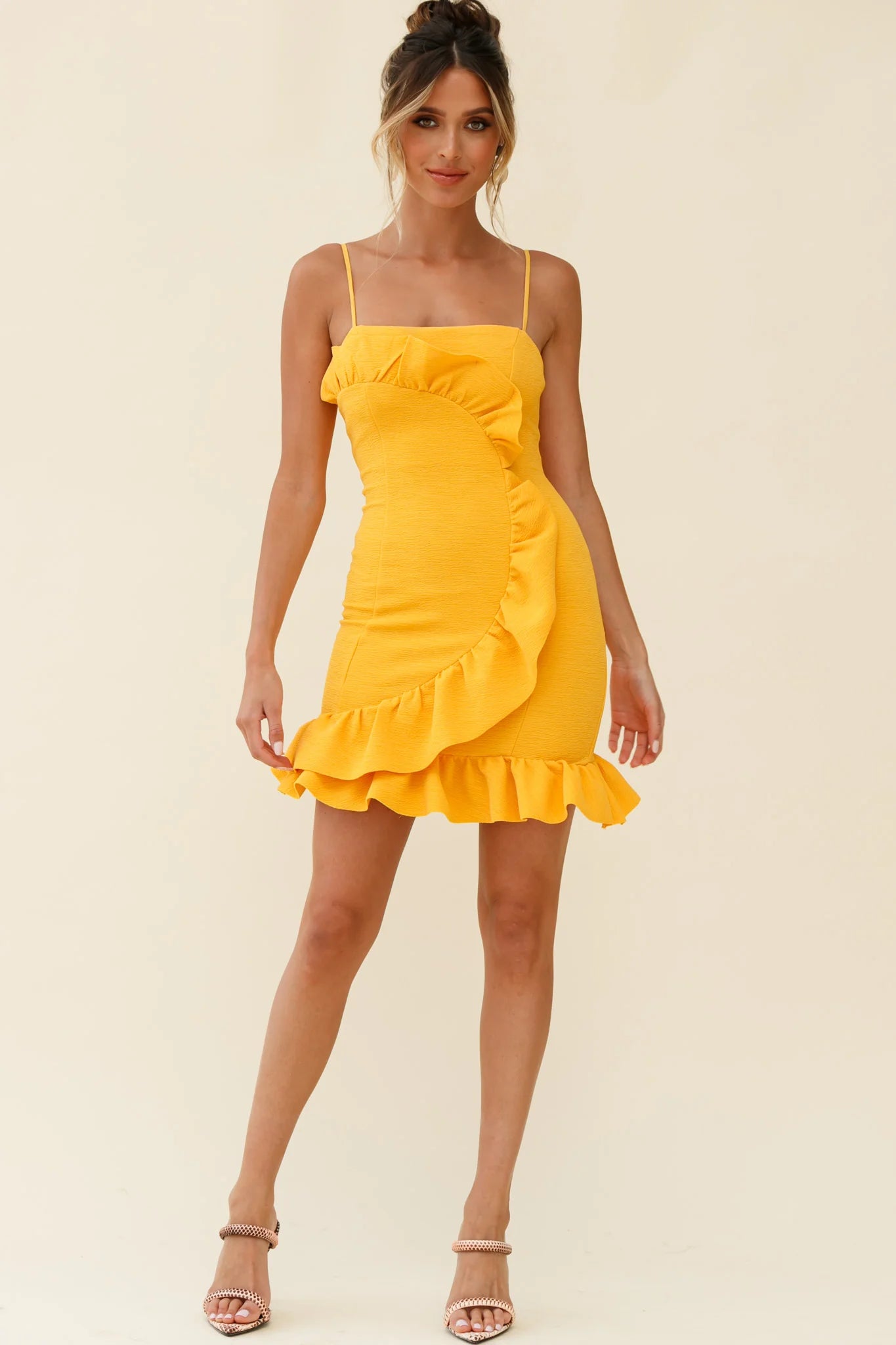 Juanita Half Moon Ruffle Detail Bodycon Dress Yellow
