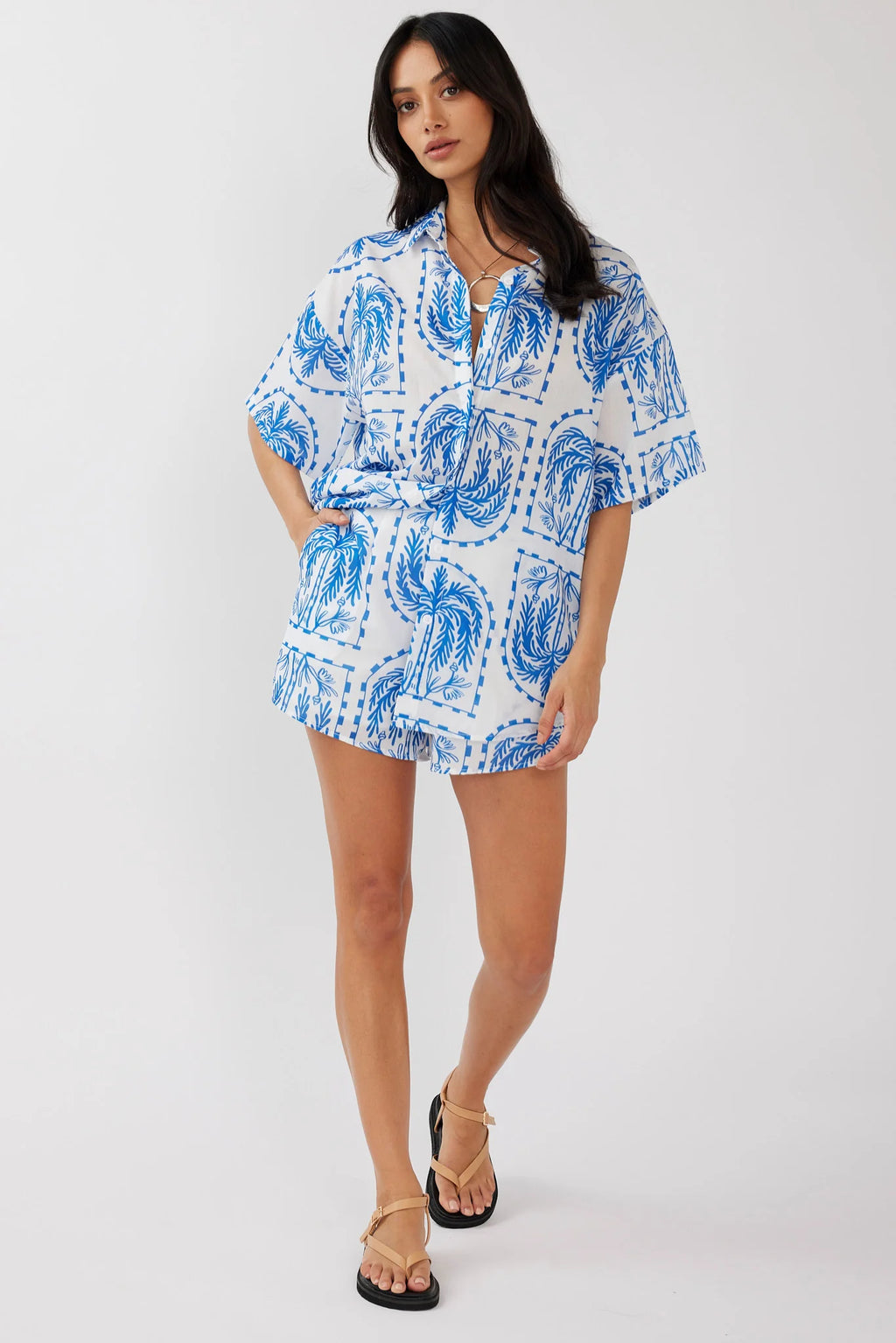 Cora Elastic Waist Shorts Print Blue White