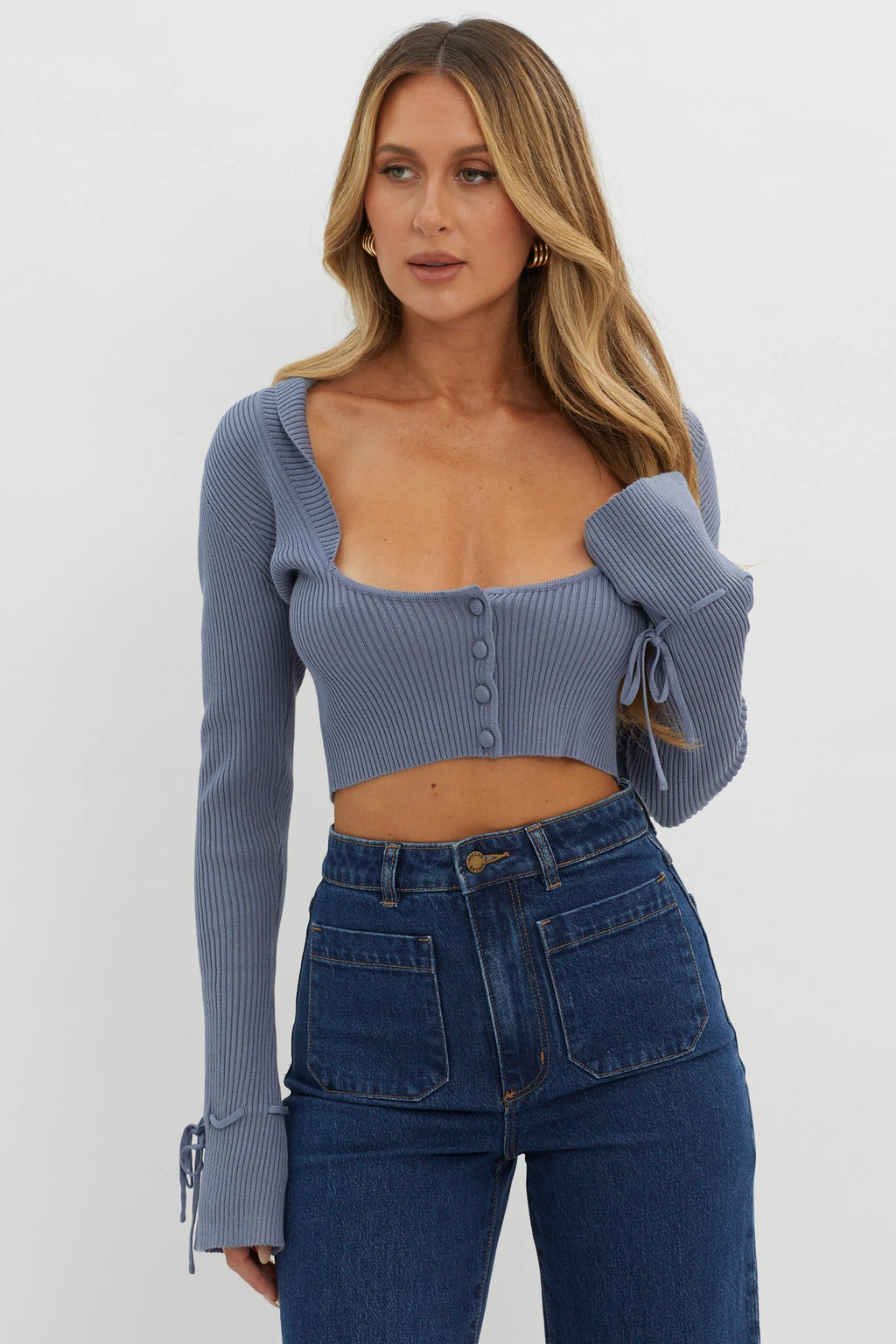Pippi Flared Cuff Knit Crop Top Dusty Blue