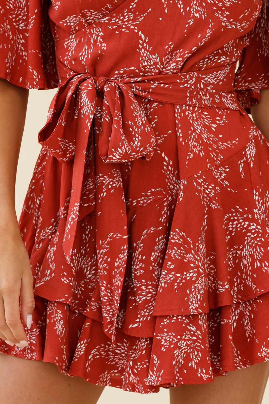 Davina Angel Sleeve Cut-Out Back Romper Leaf Print Rose