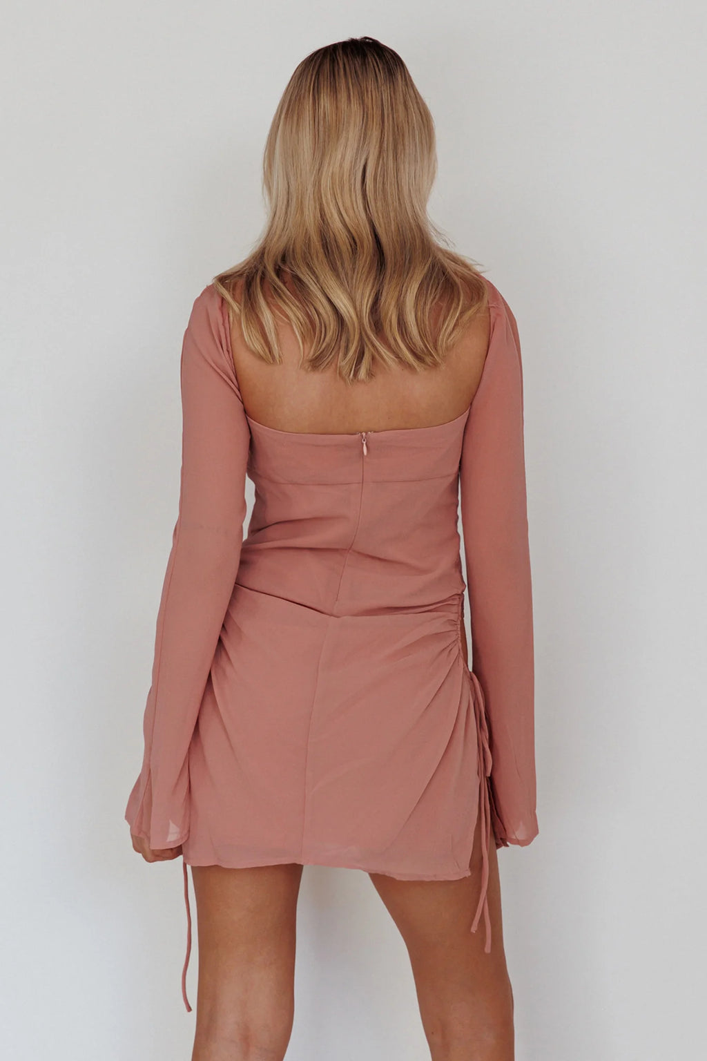 Etta Drawstring Long Sleeve Mini Dress Blush