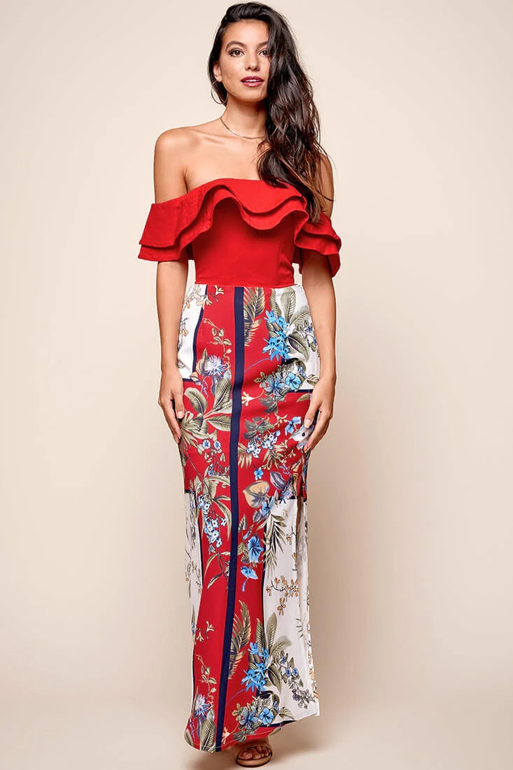 Missy Layered Ruffle Bardot Top Red