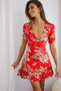 Georgina Ruched Sleeve Tea Dress Floral Bouquet Red