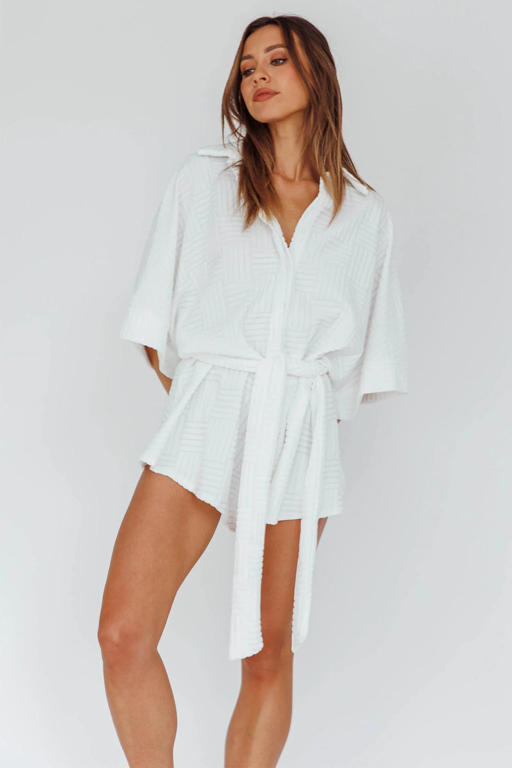 Daytona Beach Button-Up Romper Textured White