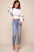 Halle Floral Puff Sleeved Cropped Top White
