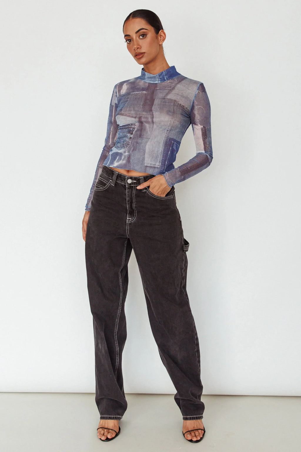 Giza Long Sleeve Mock Neck Top Print Denim Multi