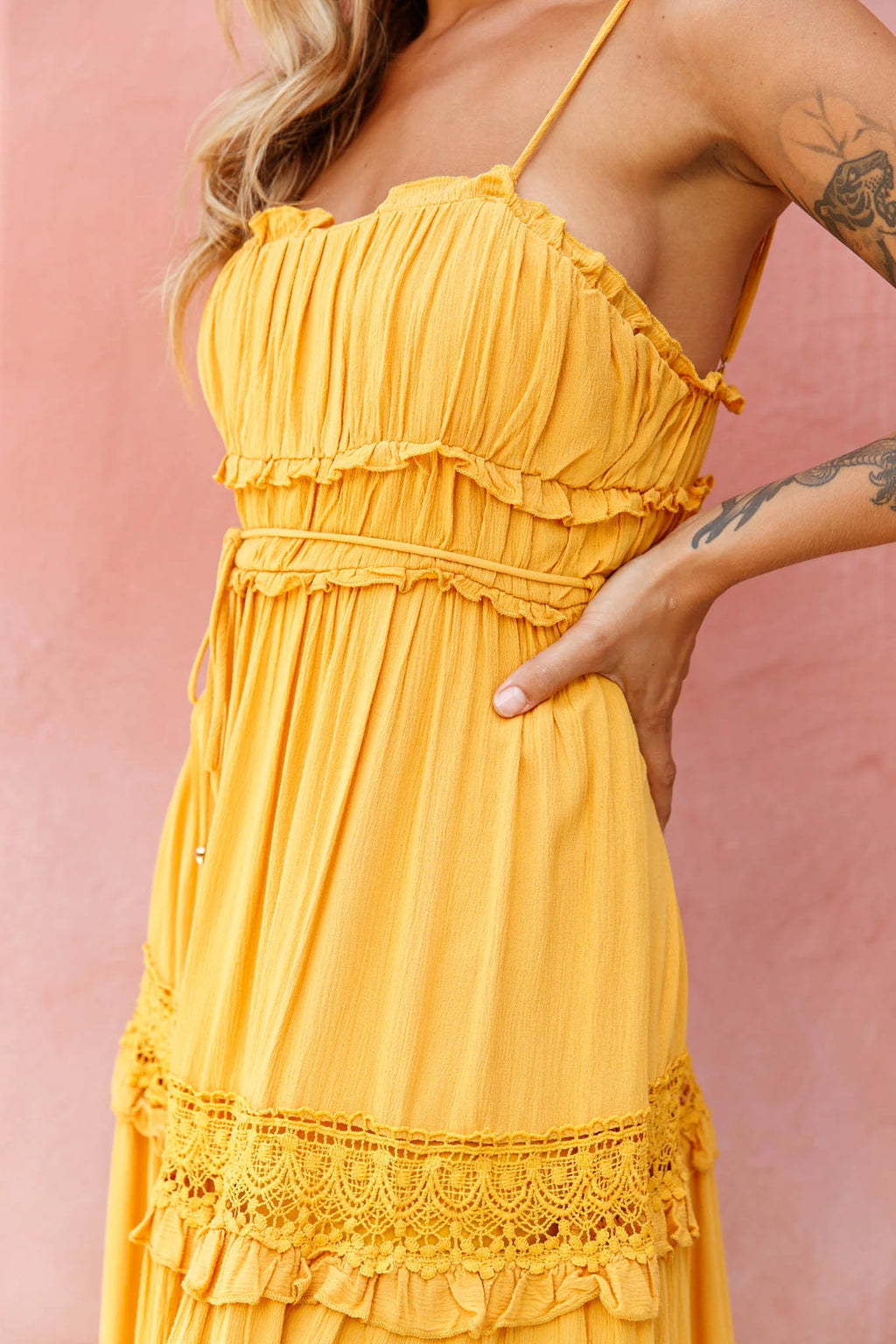 Meet You There Crochet & Frill Trim Detail Midi Dress Mustard