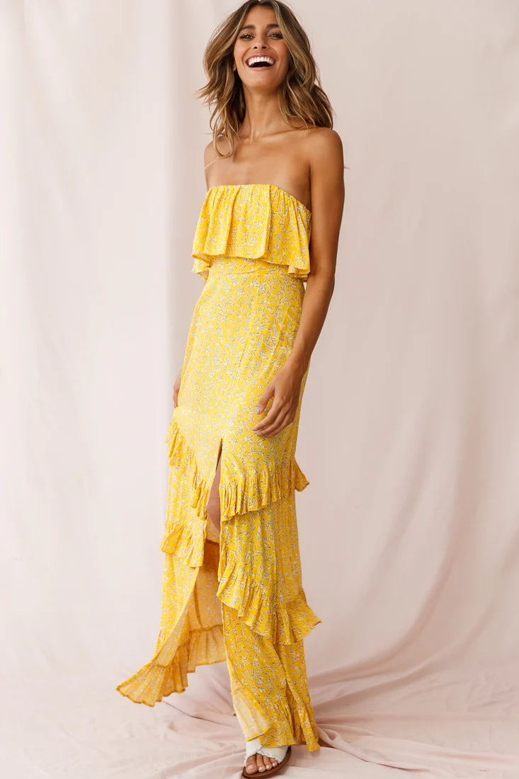 Kiya Layered Bandeau Maxi Dress Leaf Print Mustard