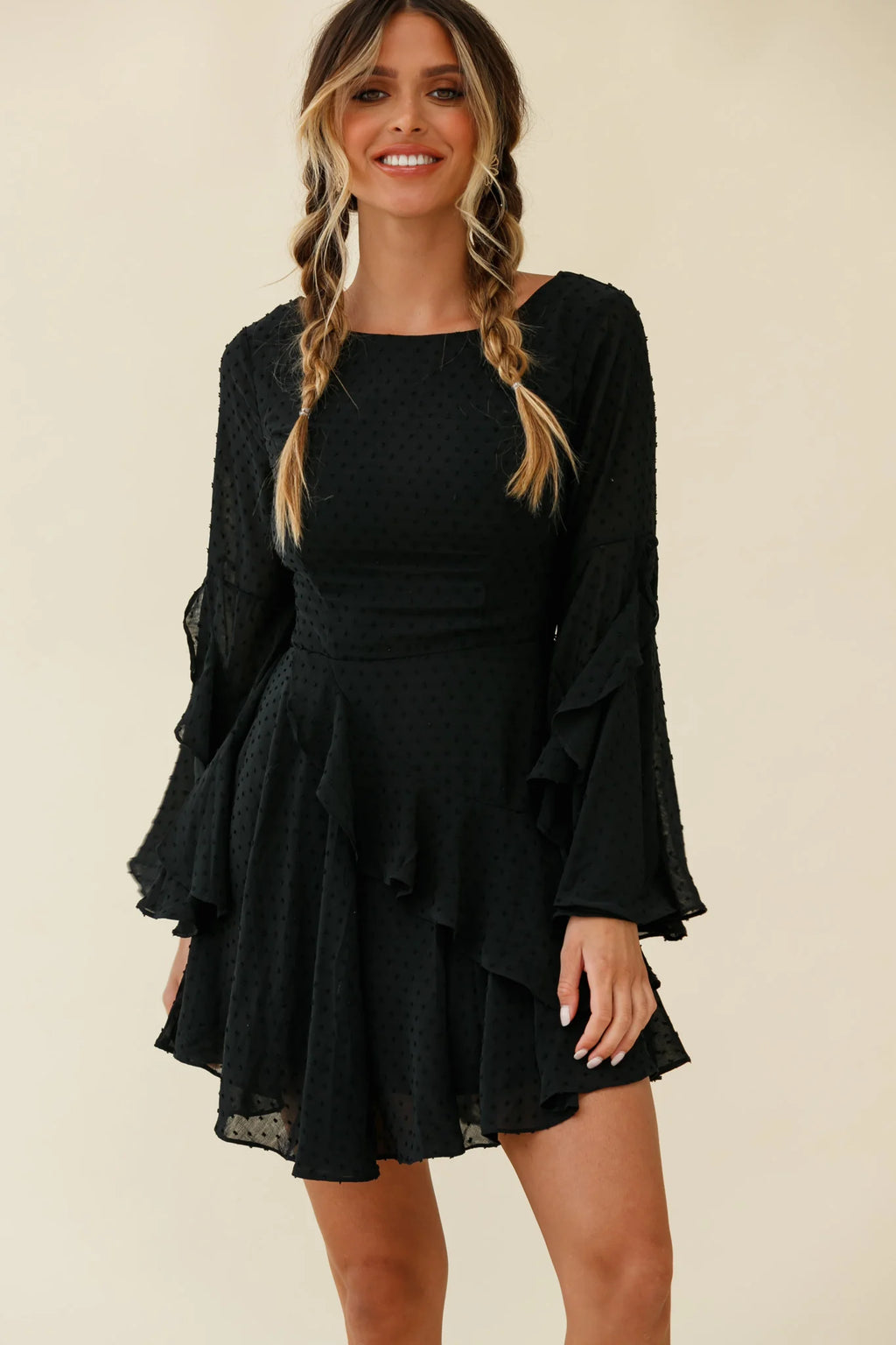 Carlini Flared Sleeve Boat Neckline Dress Black