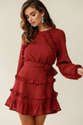 Dusk Long Sleeve Waist Tie Frill Dress Thin Stripe Wine