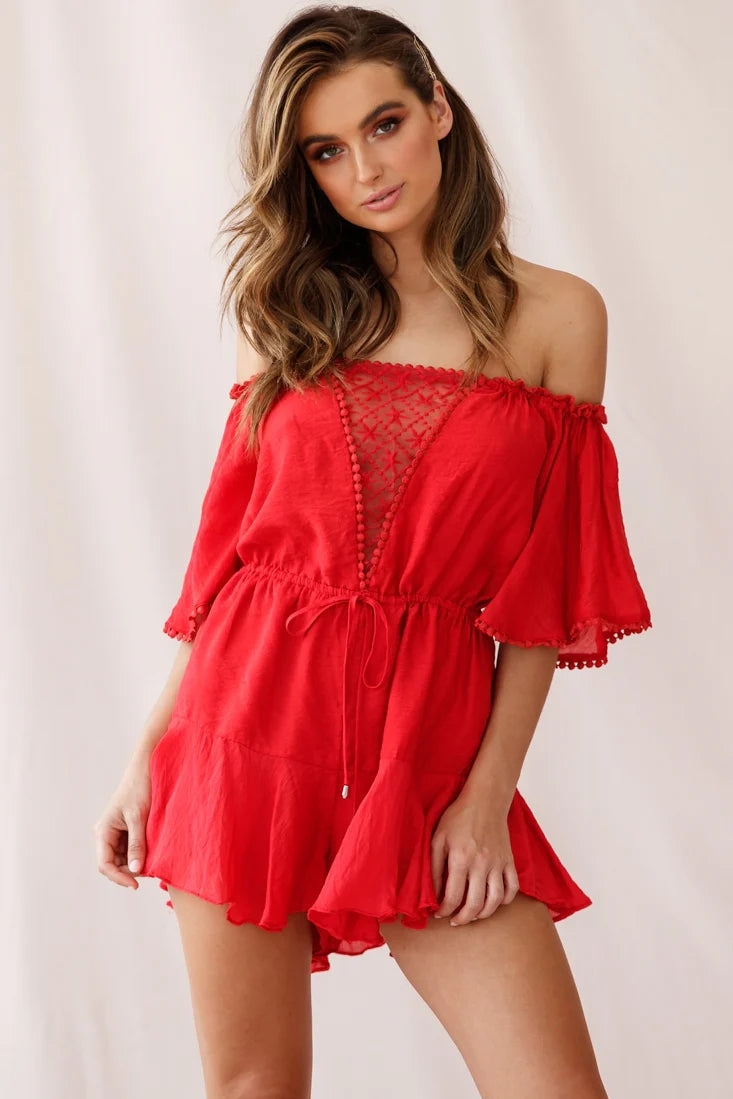 Yonna Off-Shoulder Mesh Detail Drawstring Romper Red