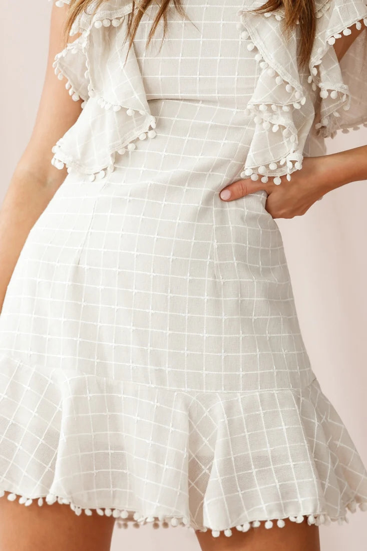 Marlow Double Ruffle Shoulder Dress Square Pattern Beige