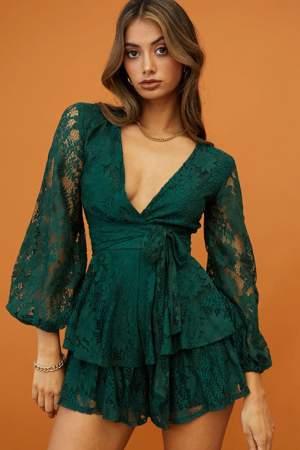 Maddox Fit & Flare Long Sleeve Romper Floral Lace Forest Green