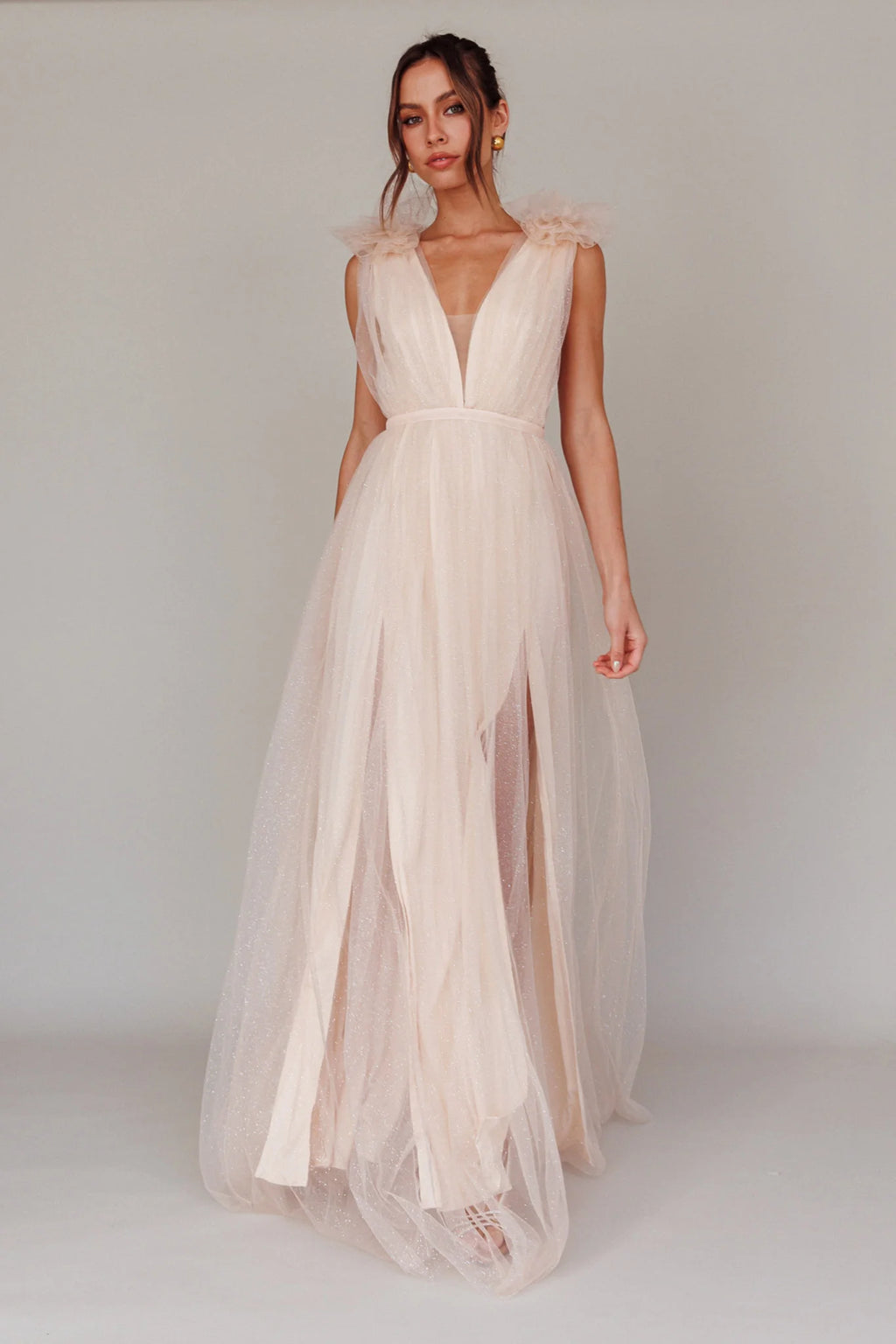 Ludivine Shoulder Accent Mesh Midi Dress Glitter Champagne