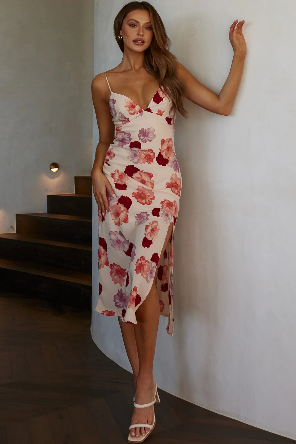 Downtown Cami Strap Front Split Midi Dress Flower Rose