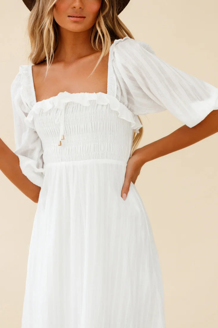 Flynn Off-Shoulder Shirred Bust Midi Dress White