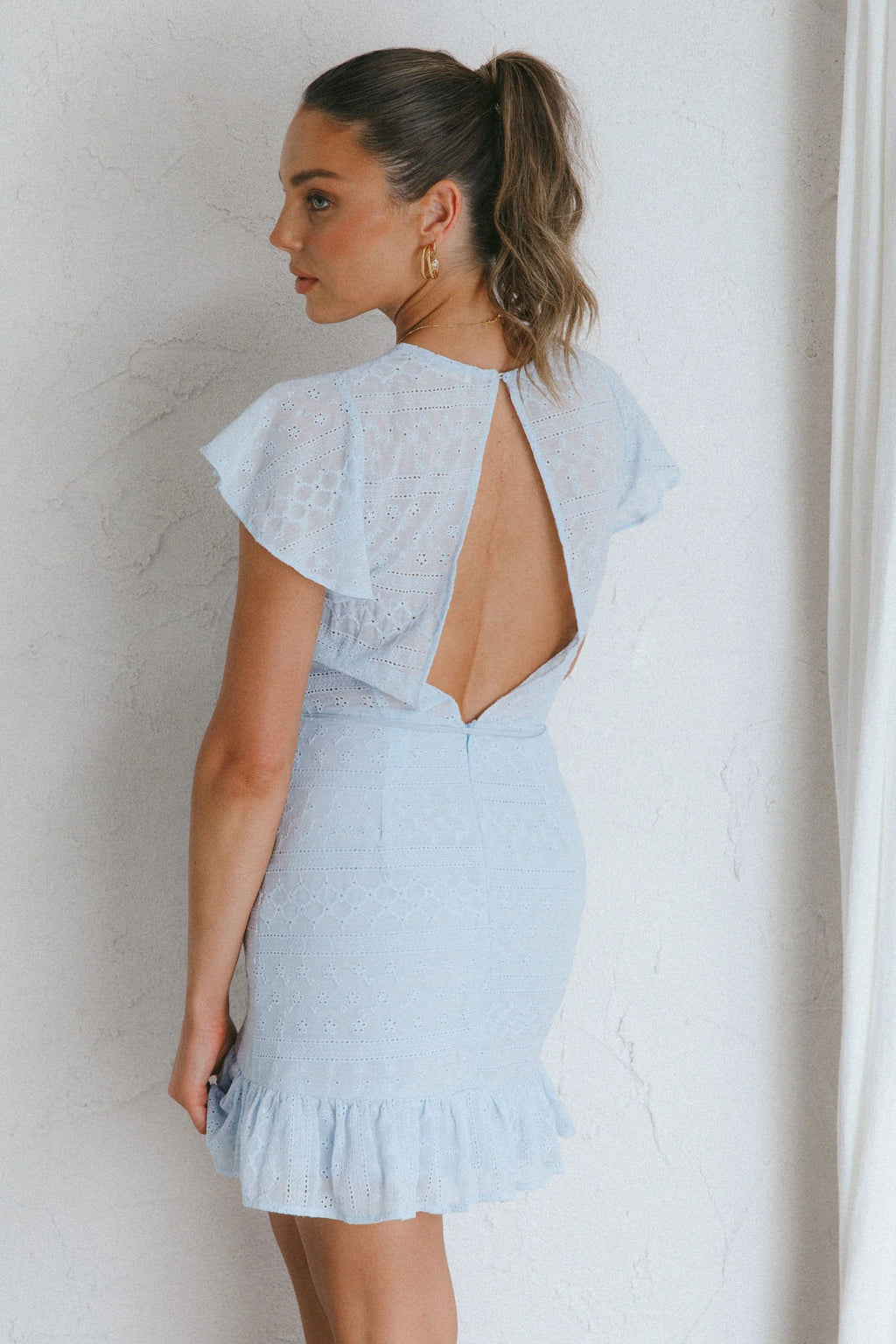 Moving On Flutter Sleeve String Tie Waist Eyelet Mini Dress Steel Blue