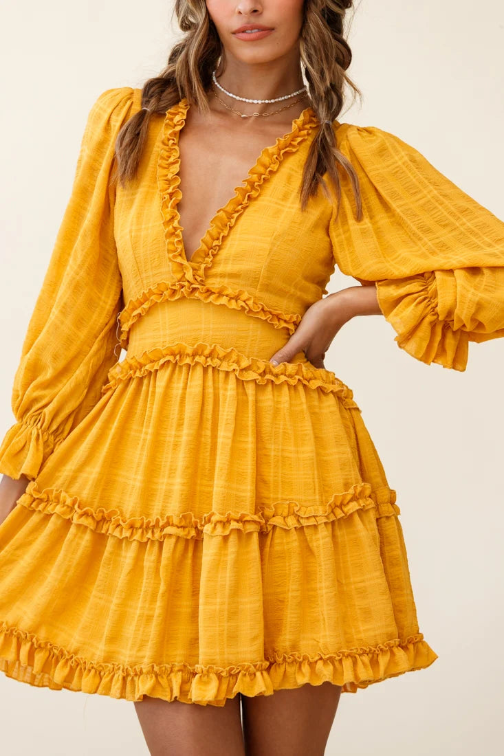 Laney Cutout Back Balloon Sleeve Dress Mustard