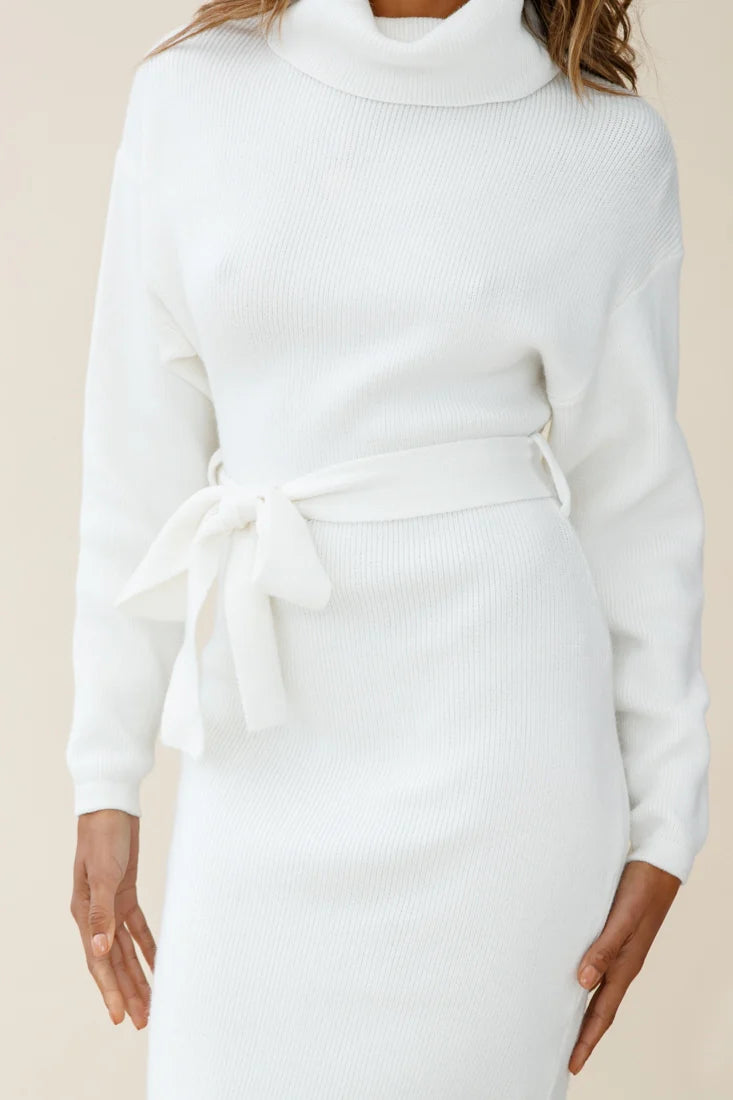 Marco Long Sleeve Turtleneck Knit Midi Dress White