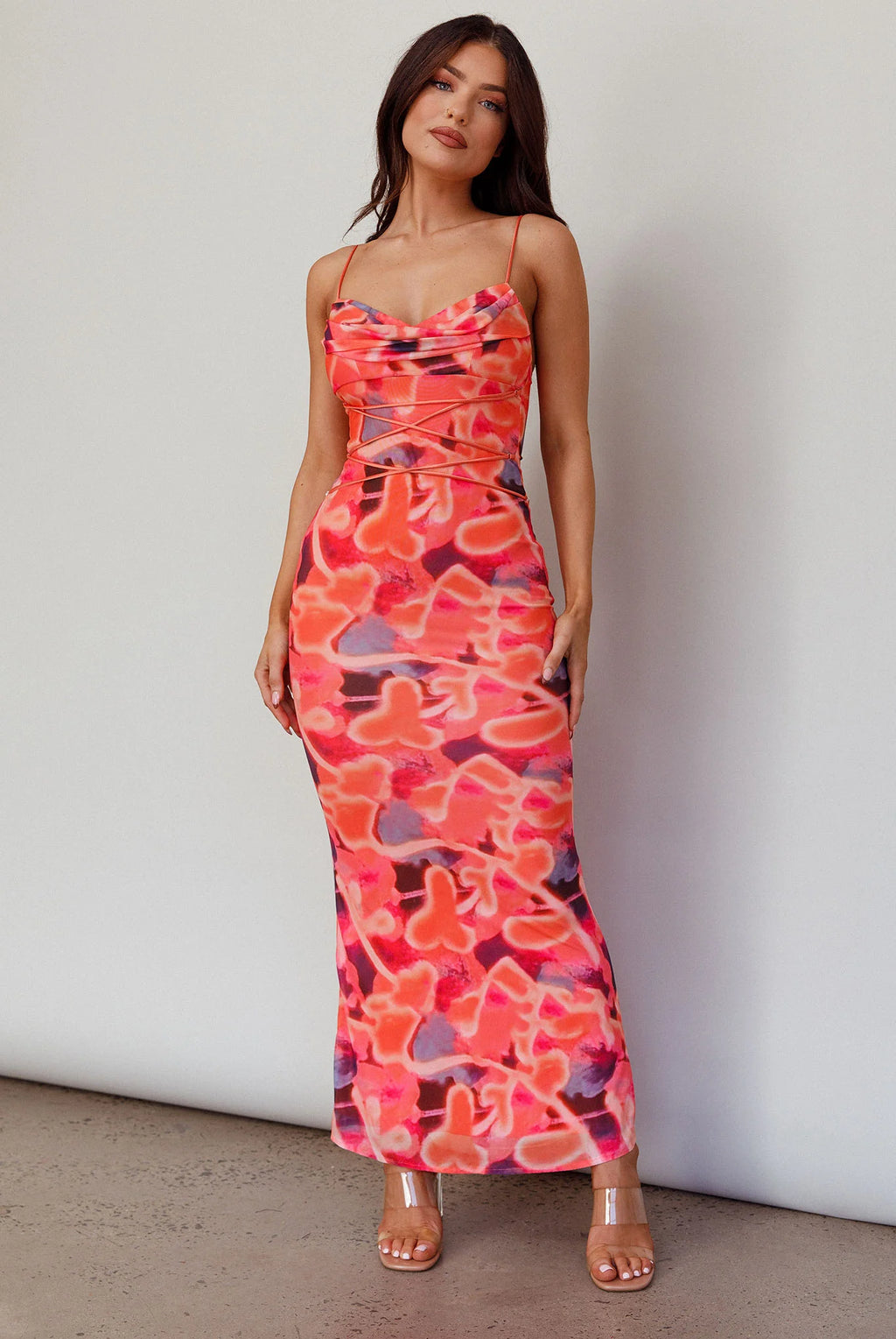 Teava Laced Waist Midi Dress Abstract Sorbet