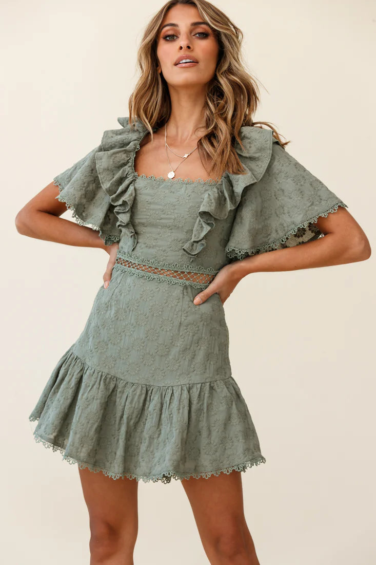 How Romantic Flounce Sleeve Lace-Up Back Dress Floral Embossed Olive